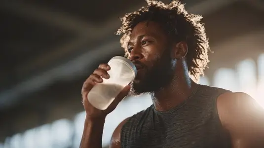 Athlete drinking protein shake after workout  showcasing determination and focus in gym environment