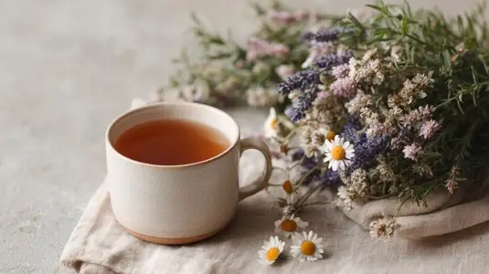 Calming herbal tea setup featuring cup of tea alongside bouquet of lavender and chamomile flowers  evoking tranquility