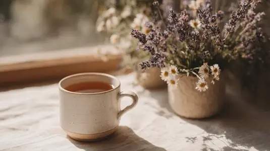 Cozy setup featuring cup of herbal tea beside vase of lavender and daisies  evoking sense of tranquility and warmth