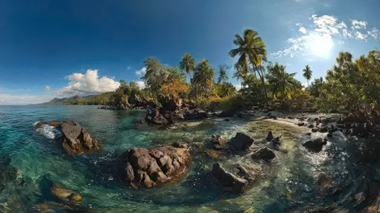 Stunning panoramic view of tropical island coastline featuring clear turquoise waters  rocky formations  and lush palm trees