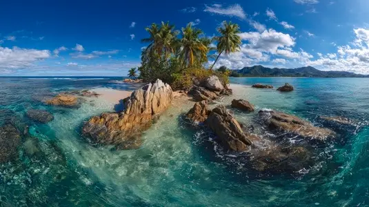 Stunning panoramic view of tropical island coastline featuring clear turquoise waters  rocky formations  and lush palm trees