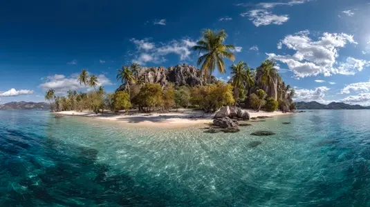 Stunning panoramic view of tropical island coastline featuring clear turquoise waters  lush palm trees  and rocky formations