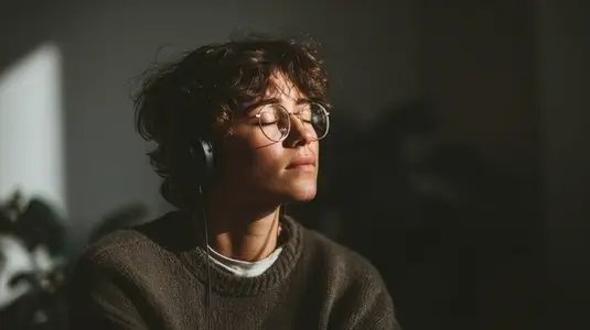 Calm person enjoying soothing music with headphones  eyes closed  in serene indoor setting  surrounded by soft light