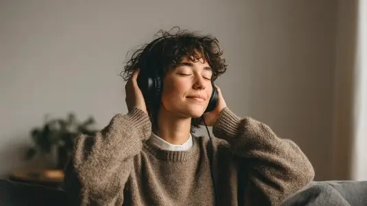 Calm person enjoying soothing music with headphones  creating peaceful atmosphere and relaxation