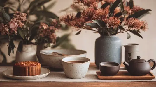 Beautiful display of mooncake  tea set  and floral arrangements creates serene atmosphere for Mid Autumn Festival celebrations