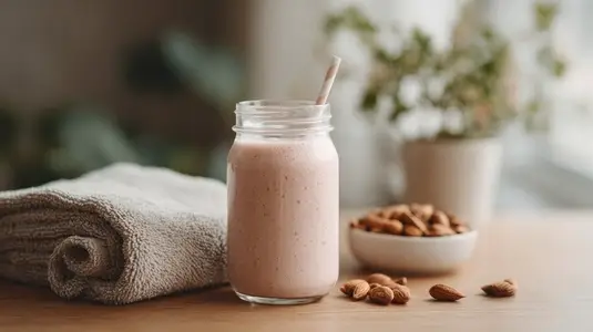 High protein smoothie in glass jar with almonds and towel  perfect for fitness enthusiasts  Enjoy healthy lifestyle