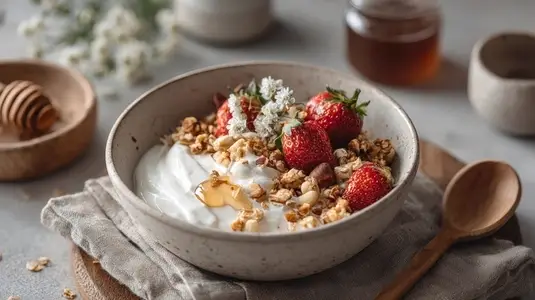 Delicious Greek yogurt bowl topped with fresh strawberries  granola  and honey  perfect for healthy breakfast or snack