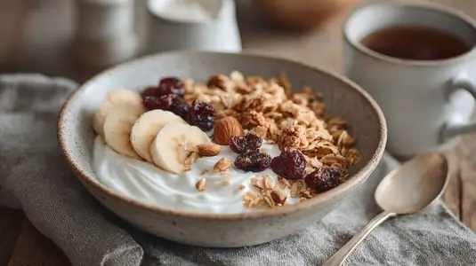 Delicious Greek yogurt bowl topped with nuts  granola  and fresh banana slices  perfect for healthy breakfast