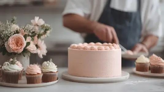 Baker decorates pink frosted cake with precision  surrounded by cupcakes and fresh flowers  creating delightful atmosphere