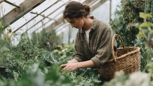 Woman harvesting organic vegetables greenhouse  surrounded by lush greenery and plants  showcasing sustainable farming