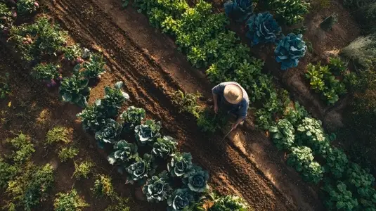 Farmer harvesting organic vegetables in lush garden  showcasing vibrant greens and earthy tones