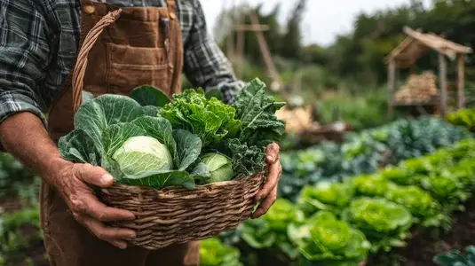 Harvesting fresh organic vegetables  farmer holds basket filled with vibrant greens  showcasing beauty of sustainable