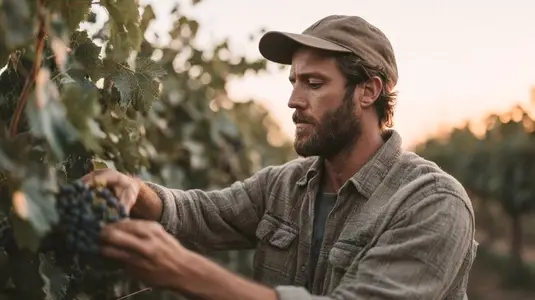 Harvesting fresh grapes in vineyard  farmer carefully selects ripe fruit  showcasing dedication and connection to nature