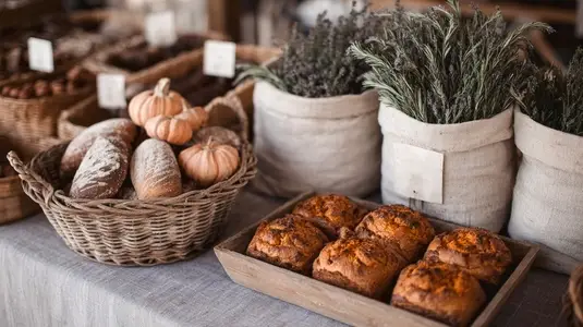 Freshly baked goods and seasonal produce create warm atmosphere at farmers market  showcasing artisanal bread and herbs