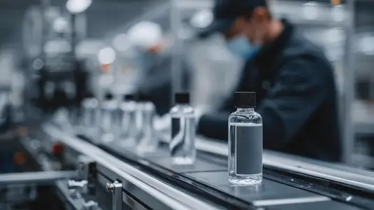 High tech factory assembly line producing clear liquid in bottles  showcasing modern manufacturing processes and efficiency