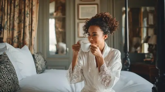 Elegant woman sipping coffee in boutique hotel  enjoying moment of relaxation and comfort