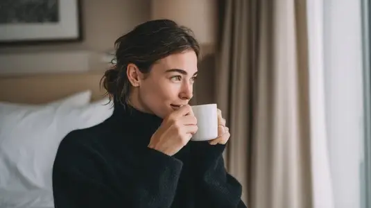 Elegant woman sipping coffee in boutique hotel  enjoying moment of tranquility and reflection