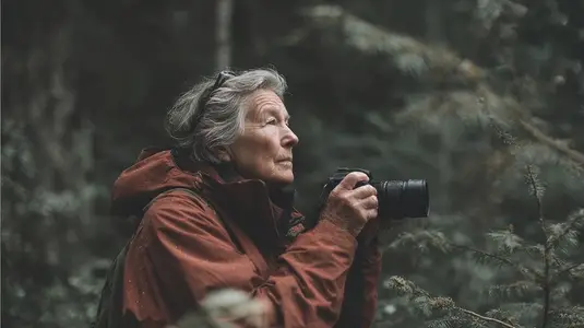Elderly woman capturing nature with camera in forest  showcasing her passion for photography and wildlife
