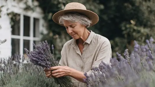 Elderly woman harvesting lavender in country garden  showcasing serene moment of connection with nature