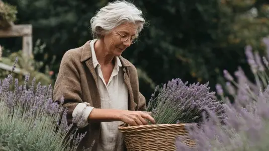 Elderly woman harvesting lavender in garden  surrounded by blooming flowers  showcasing peaceful and serene atmosphere