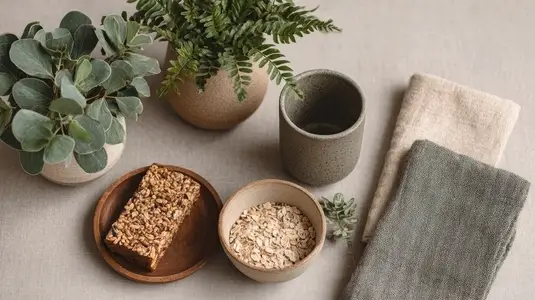 Eco friendly lifestyle flatlay featuring plants  natural materials  and healthy snacks  creating serene atmosphere