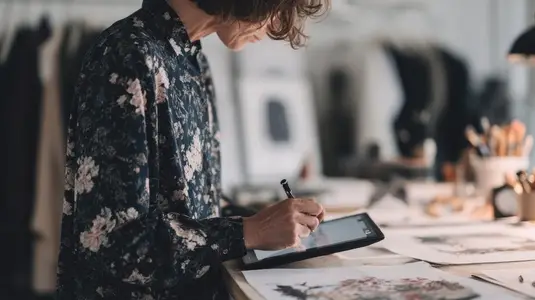 Creative designer sketching fashion on digital tablet in stylish studio  surrounded by art supplies and sketches