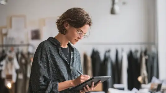 Designer sketching fashion on digital tablet showcasing creativity and focus in studio environment Designer sketching fashion on digital tablet showcasing creativity and focus in studio environment