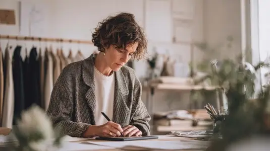 Designer sketching fashion concepts on digital tablet in stylish studio  showcasing creativity and focus