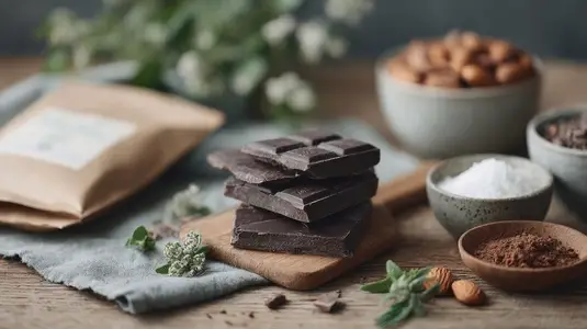 Delicious dark chocolate stacked wooden board  surrounded by nuts  cocoa powder  and natural ingredients  evokes sense