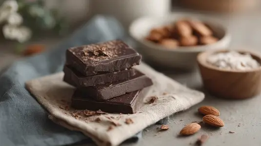 Delicious dark chocolate stacked on linen cloth  surrounded by almonds and sea salt  creating cozy and inviting atmosphere