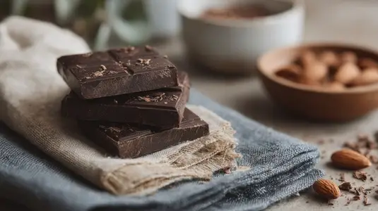 Delicious dark chocolate stacked on textured cloth  surrounded by almonds and cocoa  creating cozy atmosphere