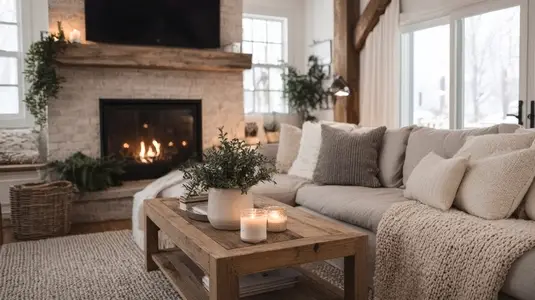 Cozy winter living room with fireplace  soft sofa  candles  and natural decor creates warm atmosphere