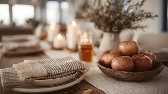 Beautifully arranged table featuring apples  honey  and candles creates warm and inviting atmosphere for festive gathering