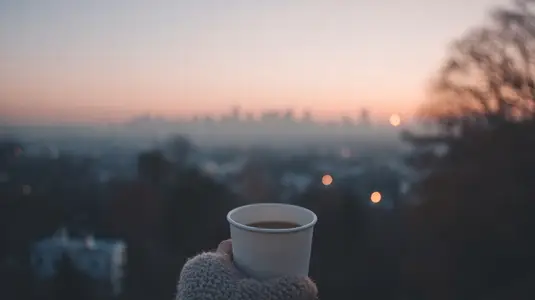 Cozy scene featuring person holding coffee cup while enjoying beautiful city skyline sunrise  warm colors of sky create