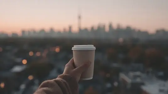 Person holds coffee cup while enjoying beautiful city view at sunset  creating cozy and reflective atmosphere