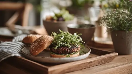 Plant based burger patty with fresh greens wooden plate  surrounded by rustic decor and natural light  evokes cozy atmosphere
