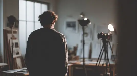 Person stands creative studio  surrounded by photography equipment and art materials  contemplating their work  atmosphere
