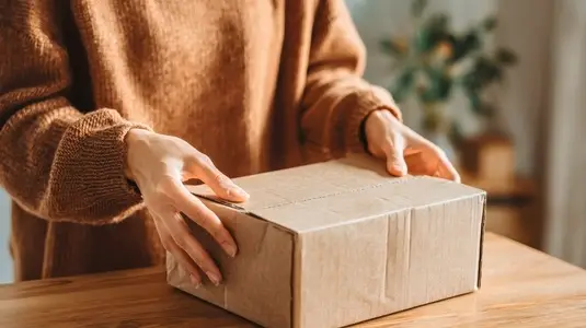 Unboxing product package at home  showcasing excitement and anticipation  warm atmosphere enhances experience