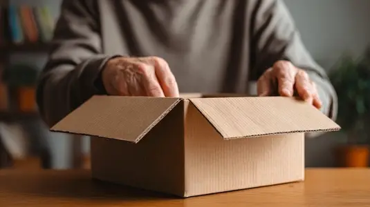 Unboxing product package at home  person reveals contents with excitement and curiosity