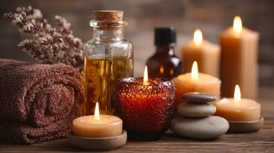 Tranquil spa scene featuring aromatic candles  essential oils  and smooth stones  creating calming atmosphere for relaxation