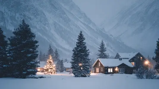 Serene snowy winter village scene featuring decorated houses surrounded by tall evergreen trees and majestic mountains