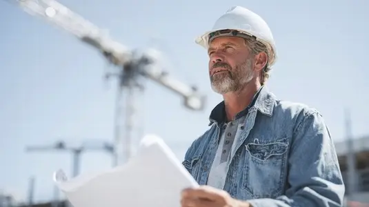 Experienced architect reviewing construction plans at building site  showcasing dedication and focus on project details