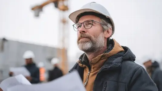 Architect reviewing blueprints at construction site  focused and thoughtful  wearing safety helmet and glasses