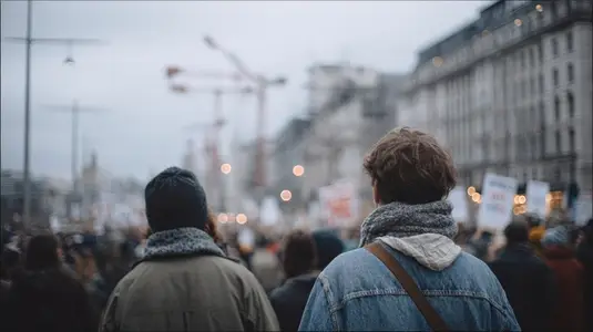 Demonstrators gather in city street  holding peace banners during anti war protest  showcasing unity and hope