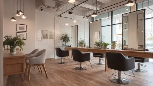Modern beauty salon interior featuring sleek design  natural light  and stylish furnishings  creating welcoming atmosphere