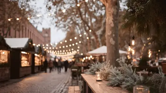 Charming Christmas market scene with warm lights illuminating decorated stalls and tables  creating cozy atmosphere