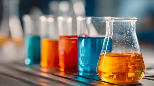 Colorful liquids laboratory beakers create vibrant display of chemistry experiments  bright hues evoke curiosity