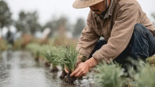 Farmer planting rice seedlings wet field  focused nurturing growth while rain falls gently  showcasing dedication and hard