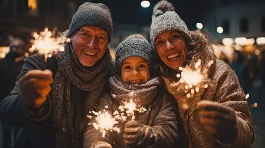 Family celebrating New Year Eve with sparklers  showcasing joy and togetherness in festive atmosphere