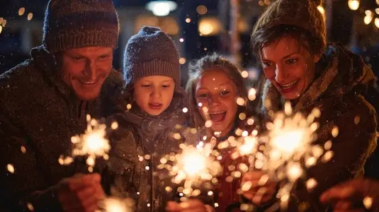Family celebrating New Year Eve with sparklers  joyfully sharing moments together in festive atmosphere